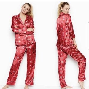 Victoria’s Secret Satin Pajama Set Top Pants Red Pink Blue Shooting Stars XS